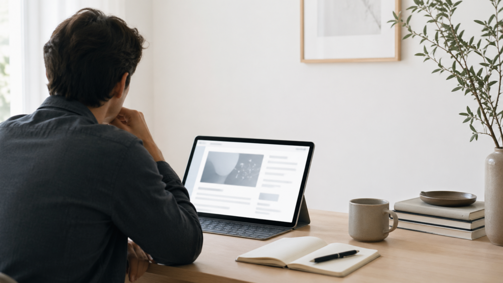 Personne consultant un contenu sur l’intelligence artificielle dans un cadre de lecture calme et studieux.
