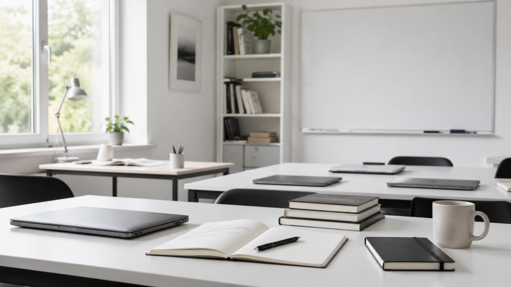 Salle de formation calme avec ordinateurs et cahiers, illustrant la nécessité d’un cadre pédagogique pour utiliser l’IA.