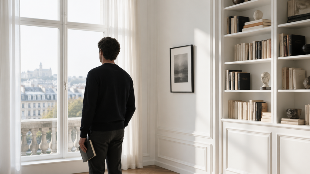 Personne prenant du recul dans un espace calme, pour illustrer l’autonomie de réflexion face à l’intelligence artificielle.