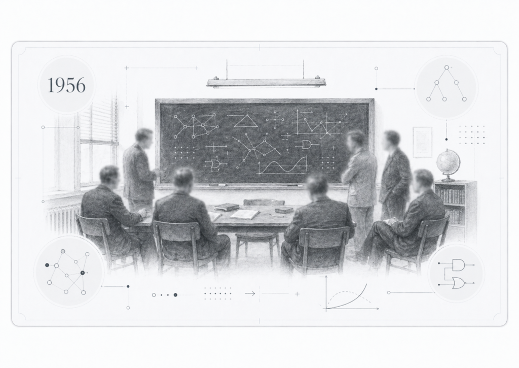 Salle de séminaire des années 1950 évoquant la conférence de Dartmouth et la naissance du terme intelligence artificielle.