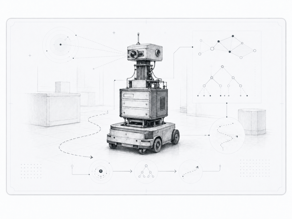 Robot mobile stylisé représentant Shakey, premier robot mobile capable de percevoir son environnement et de raisonner sur ses actions.