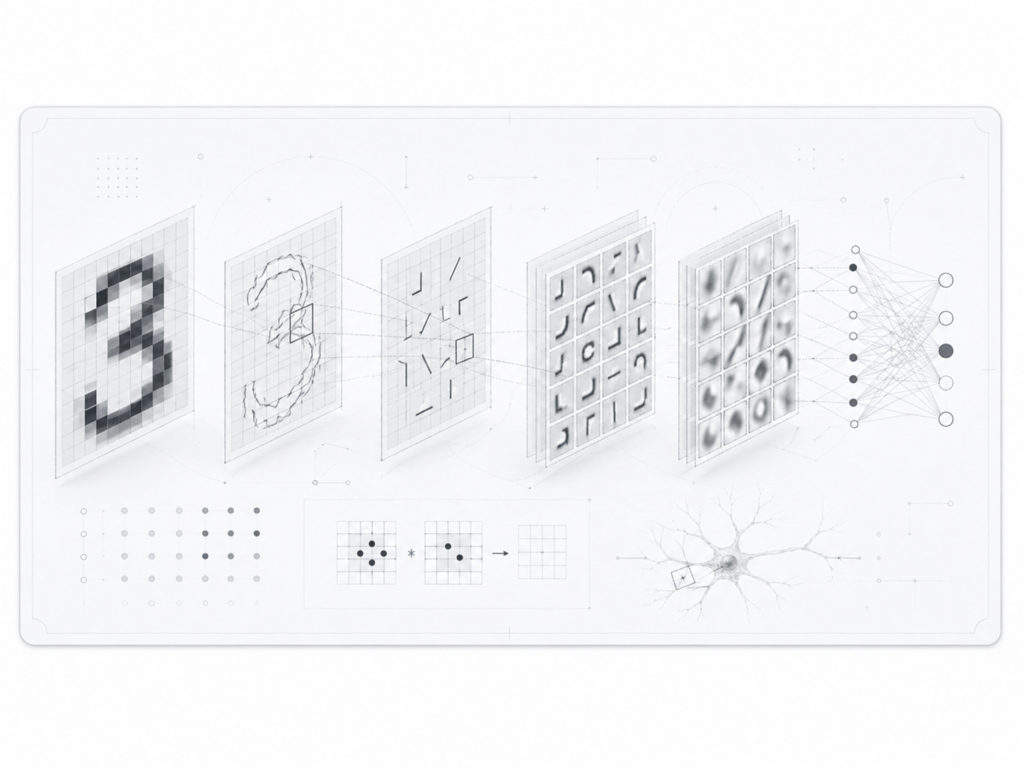 Représentation abstraite de couches de réseaux de neurones convolutifs analysant une image.