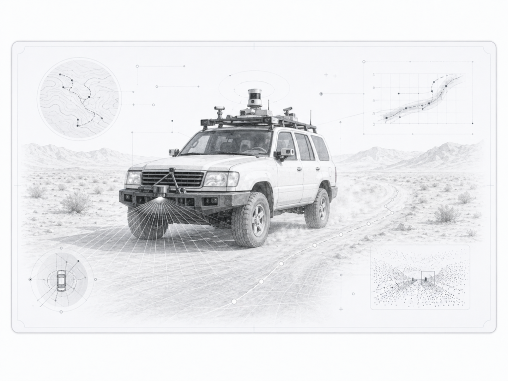 Voiture autonome stylisée avançant dans un désert, évoquant Stanley et le DARPA Grand Challenge de 2005.