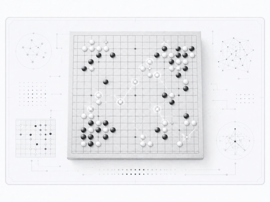 Goban avec pierres noires et blanches évoquant la victoire d’AlphaGo contre un joueur professionnel de go.