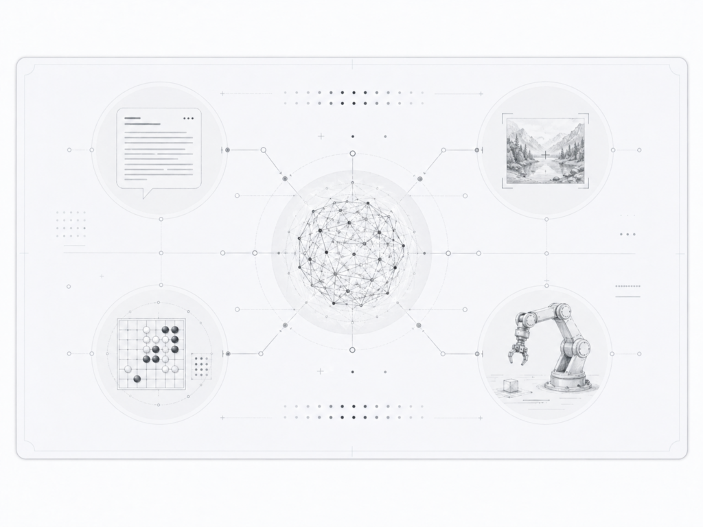 Interface multimodale stylisée représentant Gato comme agent généraliste IA capable de traiter plusieurs types de tâches.