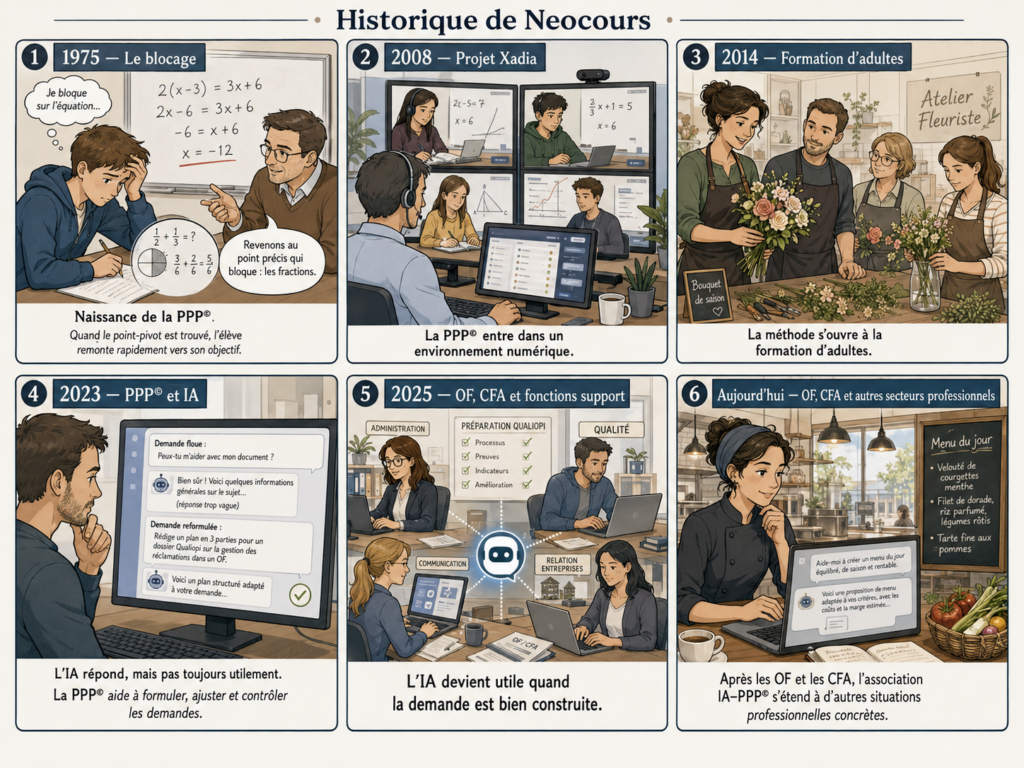 Planche de bande dessinée en six cases présentant les étapes de l’histoire de Neocours : 1975, 2008, 2014, 2023, 2025 et aujourd’hui.